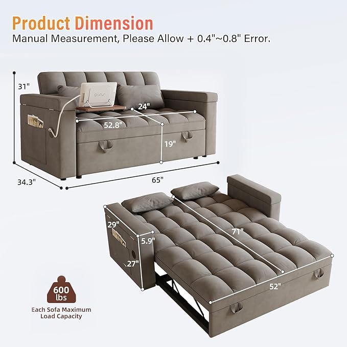 65'' 3-in-1 Convertible Sofa Bed with Adjustable Backrest Pull Out Sofa Velvet Couch Sleeper Side Table Easy Assembly for Living Room &amp Apartments Dark Gray