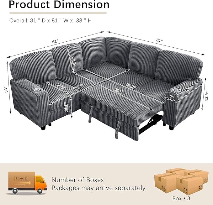 81 Modular Sectional Sleeper Sofa with Pull Out Bed L Shaped Couch with Storage Seat Convertible Sectional Couches for Living Room Corduroy Grey