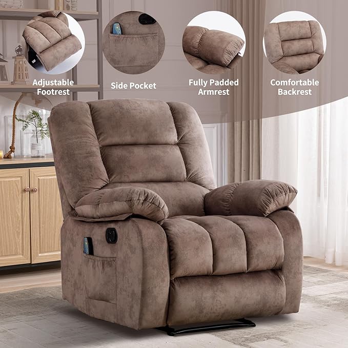 Massage Recliner Chair with Heat and Massage Ergonomic Overstuffed Breathable Fabric Reclining Chairs Single Sofa Chair with Side Pockets for Living Room Home Theater (Caramel)