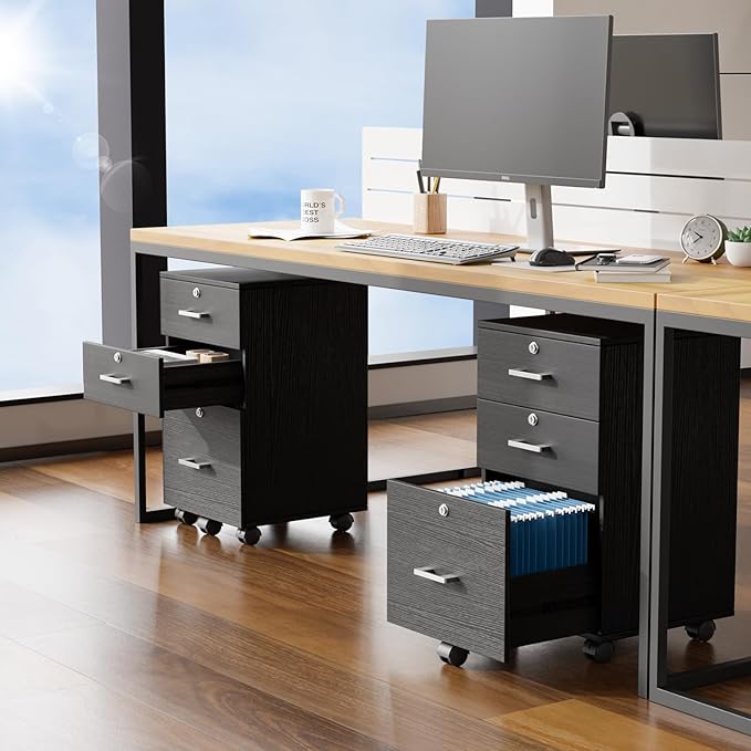 VINGLI 3-Drawer File Cabinet with Lock Wood Rolling Filing Cabinets for Home Office Mobile Printer Stand Under Desk File Organizer for Letter Sized Files 26 H(Caster Included) Black