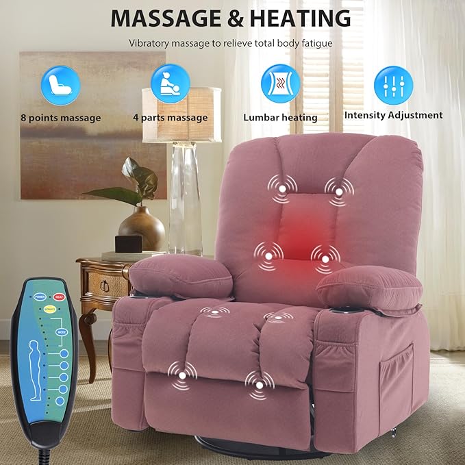 Rocker Recliner Chairs for Adults Swivel Recliners with Massage and Heat Fabric Overstuffed Glider with Cup Holder Rocking Nursery Chair Manual Reclining Single Sofa for Living RoomPink