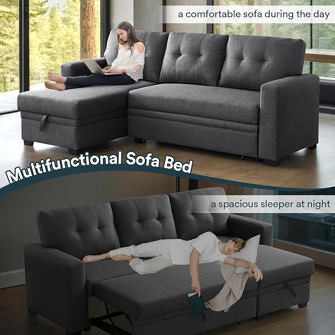 L Shaped Couch 4 in 1 Pull Out Sofa Bed Sleeper Sectional Sofa with Storage Convertible Sofa Bed 82in Chaise Lounge for Living Room Apartment Dorm