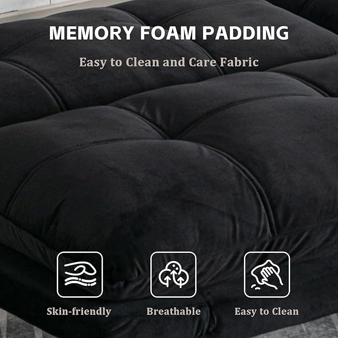 67” Velvet Futon Sofa Bed Convertible Small Upholstered Couch 2-Seat Loveseat Sleeper with Adjustable Backrest and Armrest for Small Space ApartmentGaming RoomOffice(Black)