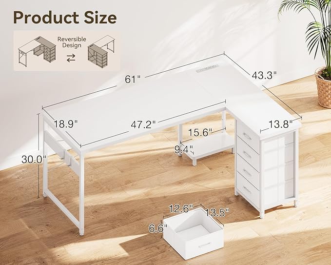 ODK 61'' L Shaped Desk with 4 Drawers Reversible Corner Desk with Storage Gaming Table with Power Outlets USB Ports PC Case Shelf Computer Desk for Home Office Study Easy Assembly White