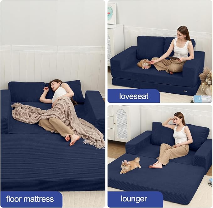 COMAX Convertible Sofa Bed Queen Folding Fold Out Couch Bed Floor Futon Couch Corduroy with Back Pillows Boneless Sofa Comfy Lounge Sleeper Mattress Loveseat for Living Room Bedroom Navy Blue