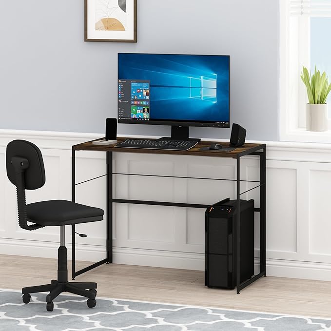 Furinno Riau No Tool/No Assembly/Folding Metal Frame Computer Desk Rustic Oak/Black 39 Inch