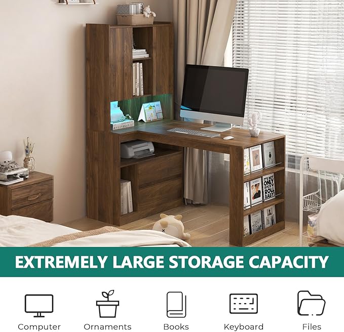 Anwick L Shaped Desk with Hutch Corner Computer Desk with Charging Station &amp Bookshelf &amp File Drawer Standing L Shape Desks for Home Office Bedroom Gaming Room Study Room (Wood-2)