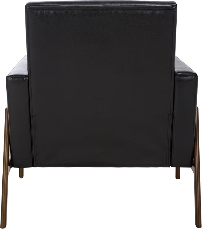 SAFAVIEH Home Collection - Roald Accent Chair Black Faux Leather Tufted Seat &amp Antique Brown Solid Wood Frame (ACH6209D)