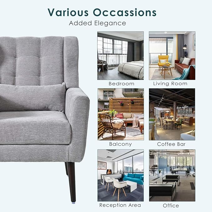 Modern Accent Chair &amp Wingback Chair - Comfortable Living Room Chairs with Waist Pillow - Gray