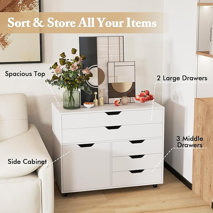 MAT EXPERT 5-Drawer Mobile File Cabinet w/Door Lateral Filing Cabinet w/5 Universal Wheels Rolling File Cabinets with Storage Modern Wood Printer Stand for Home Office Living Room Study (White)
