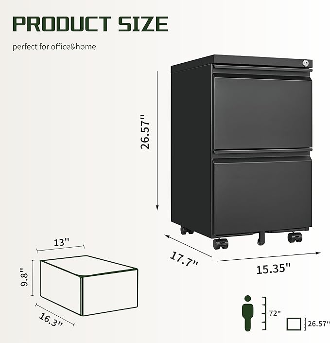 2 Drawer File Cabinet with LockRolling Filing Cabinet with Wheels for Home OfficeUnder Desk Metal File CabinetOffice Storage OrganizerBlack