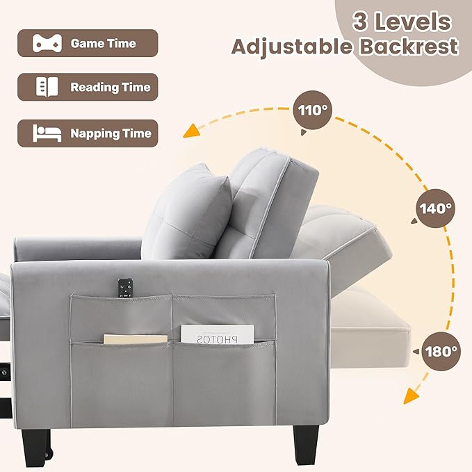 Convertible Sleeper Chair 3 in 1 Sleeper Chair Bed Pull Out Sofa Bed Chairs Velvet Single Sofa Beds with Adjustable Backrest for Adults Reading Living Room Bedroom Light Grey