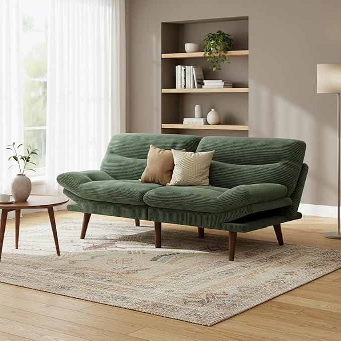Marsail Futon Sofa Bed 75” Futon Couch with Adjustable Backrest &amp Armrests Convertible Small Sleeper Sofa Bed for Small Apartments Study Room Office Corduroy Loveseat Green