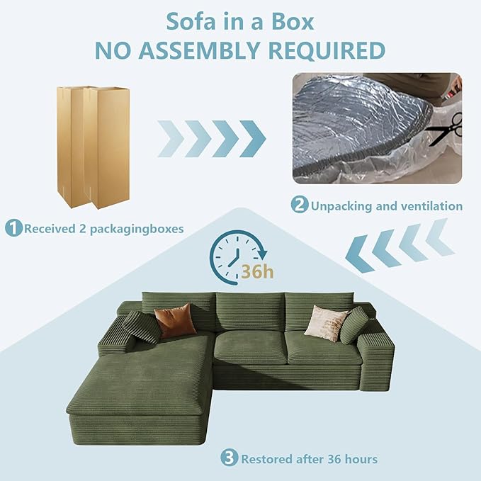 107 Cloud Sectional Couch with L-Shape Chaise Modern Corduroy Viral Boneless Sofa for Living RoomMemory Foam Couches in a Box with Deep SeatNo Assembly Required (GreenLeft-Facing Chaise)