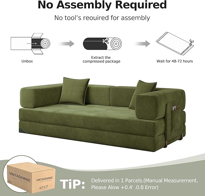 79 Convertible Sofa Bed Corduroy Folding Mattress Couch with Fixed-Shape Frame Boneless Couch for Living Room No Assembly Needed (Green)