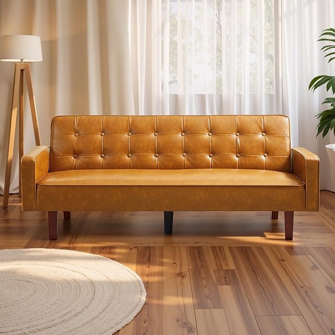 74 Modern Futon Couch Futon Sofa Bed Mid Century Sofa Bed Loveseat Couches for Small Spaces Living Room Bedroom (Faux Leather Light Brown)
