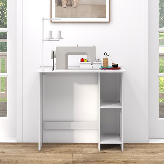 COSTWAY 31.5” Space Saving White Writing Desk Modern Home Office Computer Workstation with Adjustable Shelf Compact PC Table with Storage for Small Spaces/Bedroom/Dorm Rooms