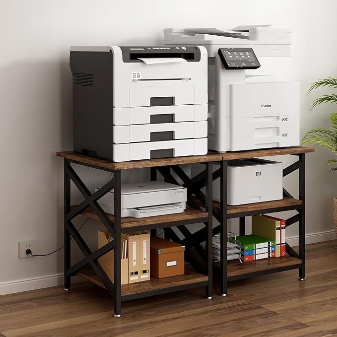 Large Printer Stand with Power Outlet with Height Adjustable Storage Shelf 3 Tier Rolling Printer Cart with Industrial Wheels 23.6 x 23.6 Inches Printer Table for Home Office Rustic Brown