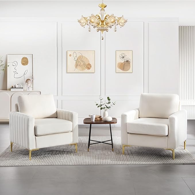 Modern Velvet Accent Chair Comfy Living Room Armchair with Thick Cushion Upholstered Reading Armchair Mid Century Sofa Chair with Gold Legs Side Chair for Living Room Bedroom Office Club Beige