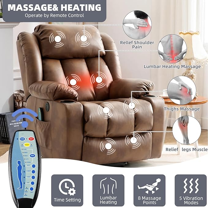 Power Lift Recliner Chair for Elderly Electric Recliner Chairs for Adults with Massage and Heat Cup Holders Remote Control USB Ports Side Pockets Leather (Ochre)