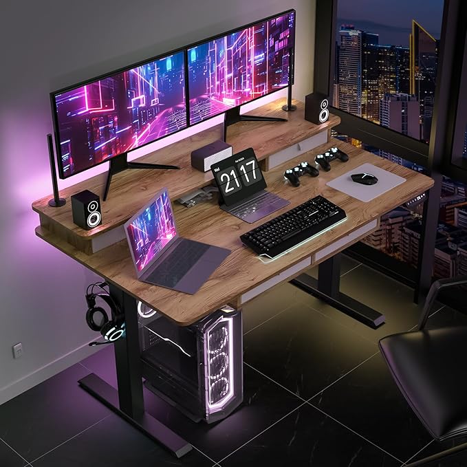 55 * 30 Inches Electric Standing Widened Desk Adjustable Height with 4 Drawers Double Storage Shelves Stand Up Desk Home Office Workstation Sit Stand up Desk (Light Rustic Brown)
