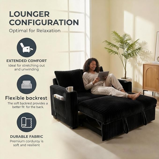 Dreamzie 53 Pull Out Couch 3 in 1 Convertible Sleeper Sofa Bed Corduroy Fabric Double Loveset with Pull Out Bed USB Port Side Pockets and Cup Holders for Living Room and Apartment Black