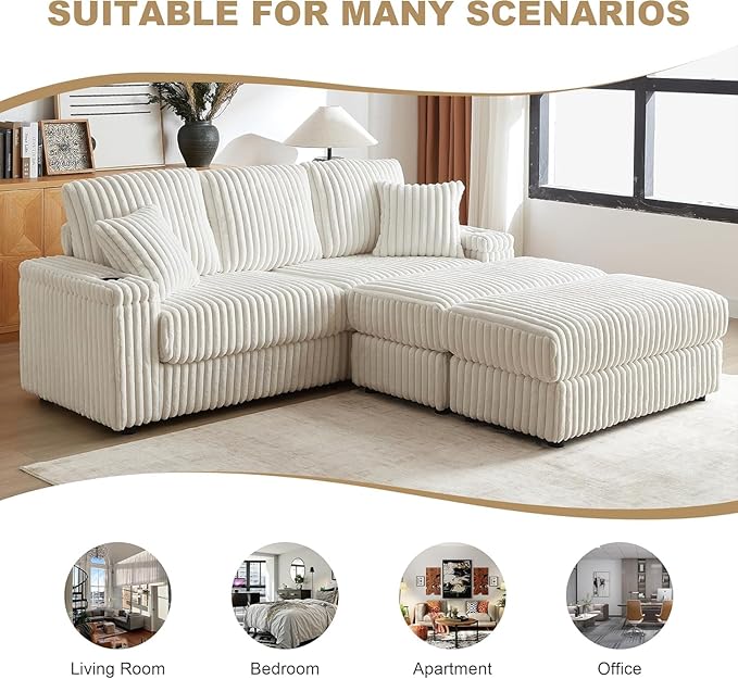 84Inch Corduroy 3-Seater Sofa with 3 Back Pillows2 toss Pillows a Ottoman2storage Spaces and Cup-Holding Grooves Comfy Sofa- Deep Seat Couch for Living RoomBeige