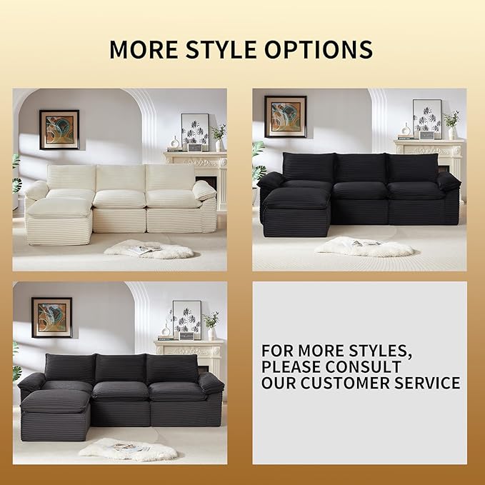Modular Cloud Couch - Boneless L Shaped Sectional with Ottoman 3 Seater Corduroy Couch for Living Room Soft Plush in a Box (Gray L Shaped-3 Seater+1 Ottomans)