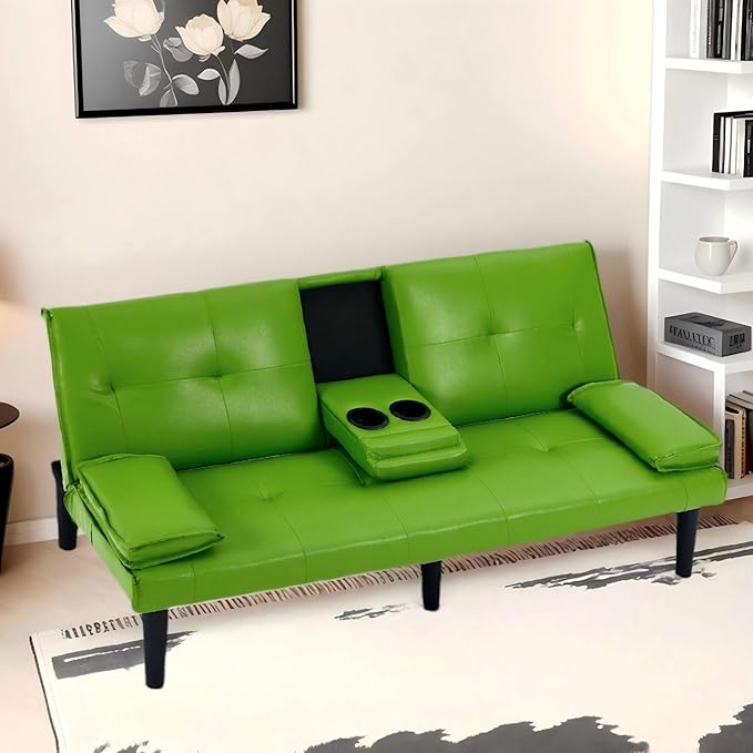 67Modern Futon Sofa BedConvertible 3 in 1 Sleeper Bed Couches with Adjustable BackrestCup HoldersComfy PVC Leather Recliner Sofa Loveseat with Chrome Legs for Small Home Living Room (Green)