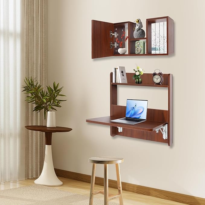 Wall Mounted Desk Fold Down Laptop Computer Table Floating Desk with Storage Compartments for Home Office Study Space Saving (Walnut Color)