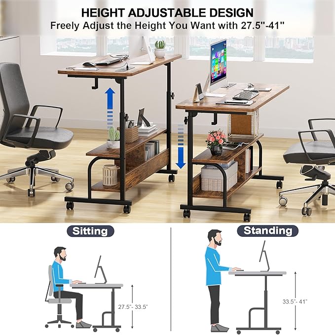Armocity Rolling Standing Desk with Power Outlets 47 Manual Height Adjustable Mobile Computer Desk with Wheels Portable Sit Stand Laptop Couch Table for Bed &amp Sofa Home Office Rustic Brown