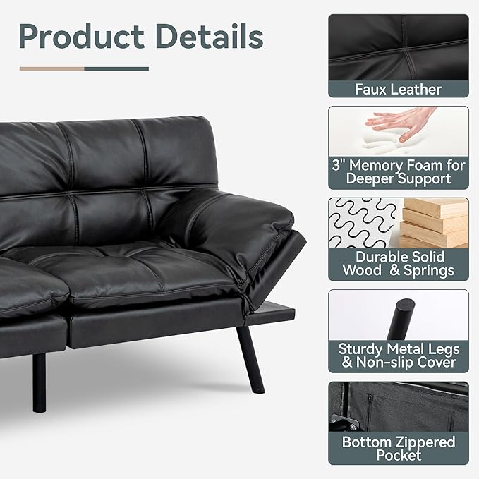 Futon Sofa Bed Convertible Couch Black Faux Leather Sofa Bed with Memory Foam Adjustable Backrest &amp Armrests Multifunctional Small Loveseat Sleeper Sofa for Living Room Apartment Office