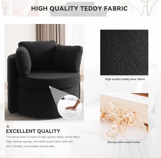 FOXHUNTER Swivel Barrel Chair 360 Degree Swivel Round Storage Chair with 3 Pillows Oversize Teddy Swivel Accent Chair Comfy Single Sofa Chair for Nursery Living Room Bedroom (Black)