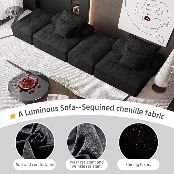 141'' Cloud Couch Modular Sectional Sofa with 2 Ottoman Oversized Loveseat Compression Boneless Sofa with Deep Seat Chenille Chaise Longue Minimalist Couches for Living Room Black