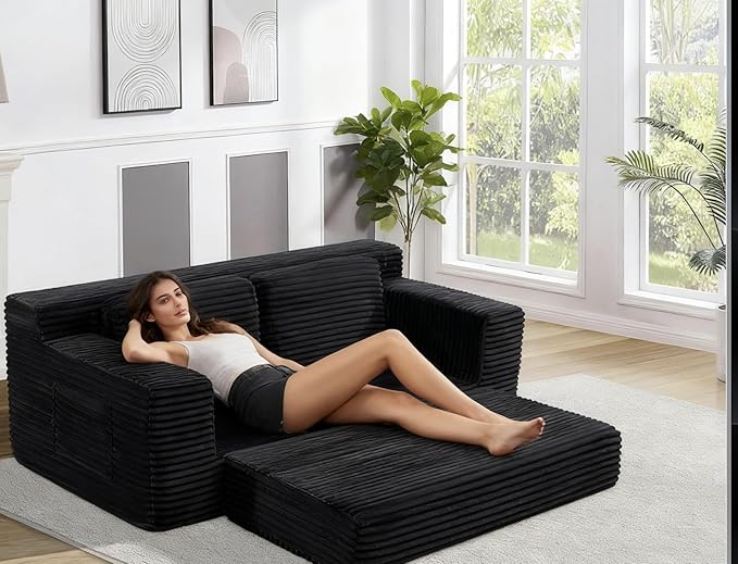 Loveseat Cloud Boneless Couch Upholstered Floor Sofa with Armrests 2-in-1 Convertible Corduroy Couch Bed for Living Room Apartment Black