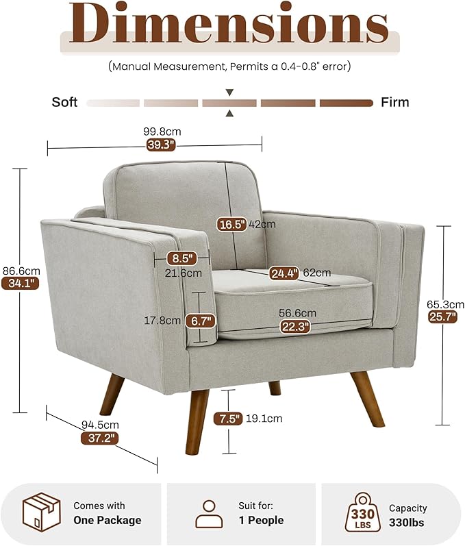 Kingfun Modern Accent Chair Set of 2 Living Room Chairs Chenille Reading Armchair Mid Century with Dual-Layer Armrests Solid Wood Frame Easy Assembly for Small Spaces Khaki
