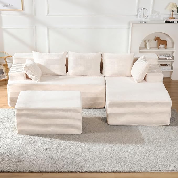 Boneless Couch Cloud Modular Sectional Sofa Modern Convertible L Shaped 3 Seat Deep Seat Boneless Couches with 5 Pillows for Living Room Apartment (Beige Right Facing Chaise+Ottoman)