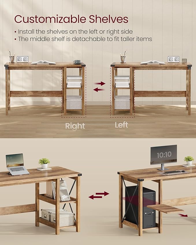 VASAGLE Computer Desk Home Office Desk with Storage Shelves on Right or Left Farmhouse for Work Study Gaming Writing 23.6 x 47.2 x 29.5 Inches Honey Brown ULWDAM090T41