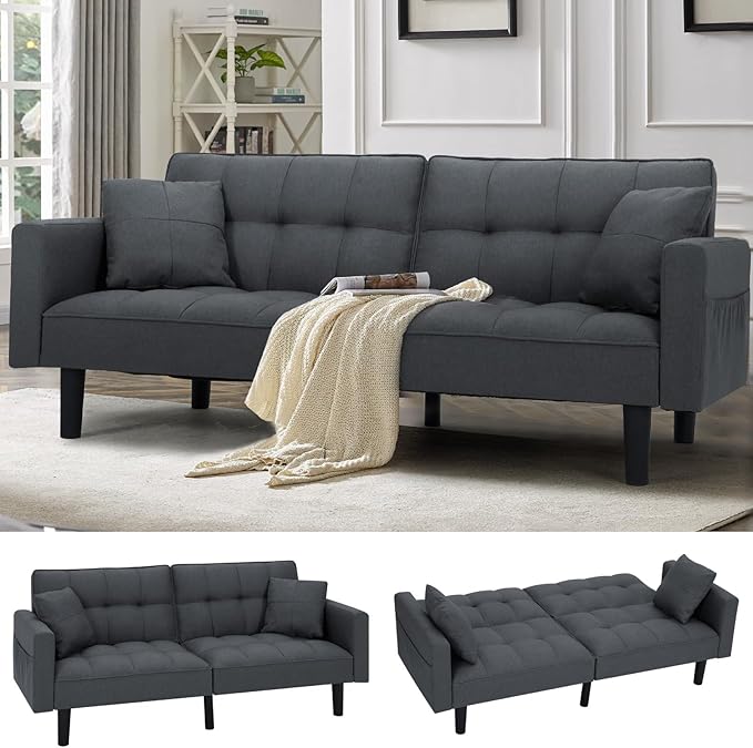 ECOTOUGE Futon Sofa Bed 74 Convertible Sofa Bed with Adjustable Backrest Modern Linen Fabric Loveseat Sleeper Sofa with 2 Pillow &amp Side Pockets Futon Couch for Living Room Bedroom Office Grey
