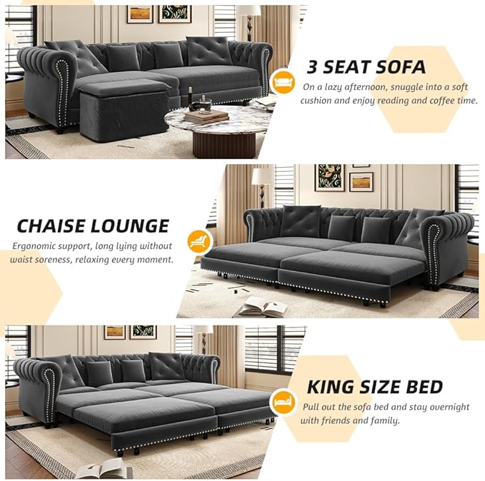 Eafurn 3 in 1 Oversized Chesterfield Loveseat Sofa Convertible Pull Out Sleeper Sofabed King Size Couch Bed w/Movable Ottoman and Nailhead Trim for Living Room Tufted Velvet Recliner Daybed Sofacama
