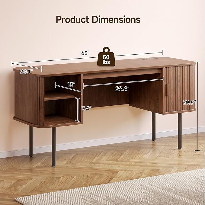 ONBRILL 63 Inch Fluted Computer Desk with Charging Station Mid Century Executive Desk with 2 Storage Cabinets Modern Home Office Large Desk with Metal Legs for Working Studying Writing Walnut
