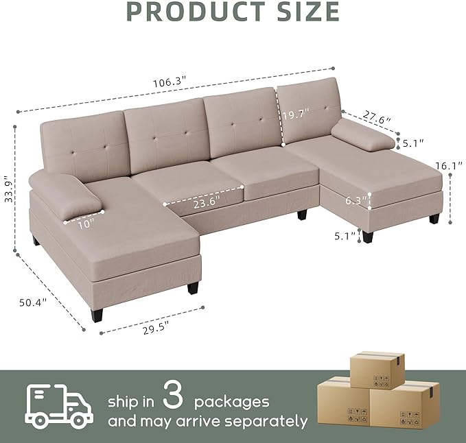 Shintenchi U-Shaped Sectional Couches for Living Room 4 Seat Sofa with Double Chaise LoungesSolid Wood Frame Sectional Sofa for ApartmentBeige