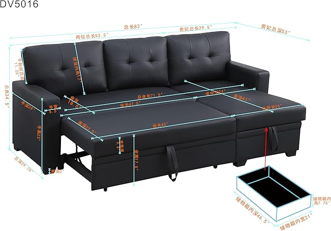 Ball &amp Cast L-Shape Reversible Sectional Sleeper Sofa Bed 4 in 1 Pull Out Couch with Storage Chaise &amp Removable Back CushionsConvertible Sleeper Corner Couch Pull-Out Sofa Bed for Living Room