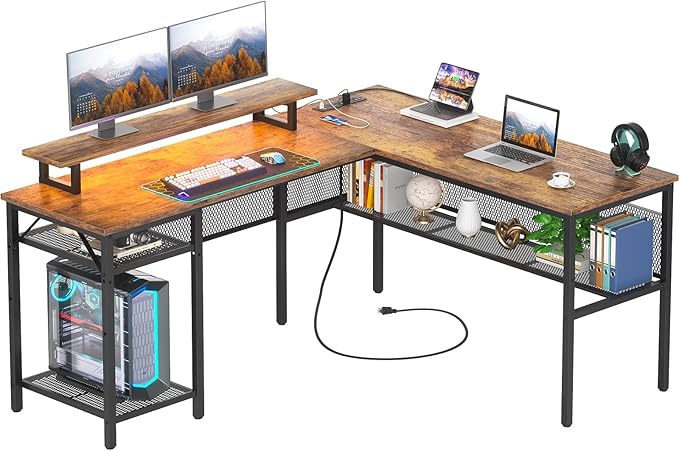 Cyclysio Reversible L Shaped Computer Desk with LED Lights &amp Power Outlets Office Corner Desk with Shelves &amp Monitor Stand Home Office Desk Gaming Table with Unique Grid Design (Rustic Brown