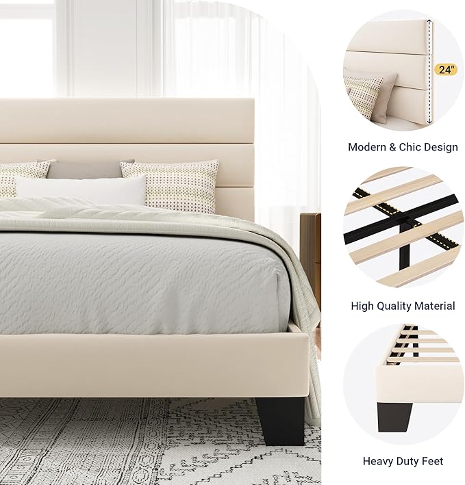Allewie Full Size Platform Bed Frame with Velvet Upholstered Headboard and Wooden Slats Support Fully Upholstered Mattress Foundation/No Box Spring Needed/Easy Assembly Cream