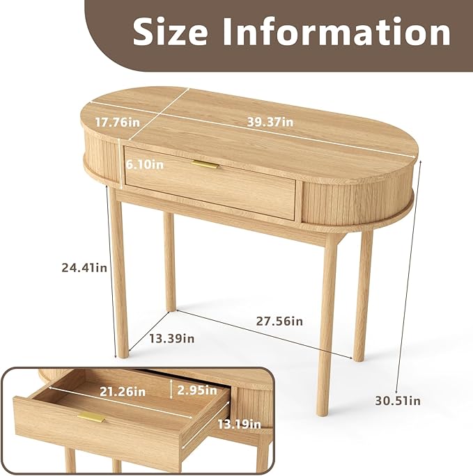 SoarFlash 39 Inch Small Computer Desk with Drawer Mid-Century Modern Writing Desk with Solid Wood Legs - Compact Home Office Desk &amp Makeup Vanity for Small Space Bedroom Study Table in Oak