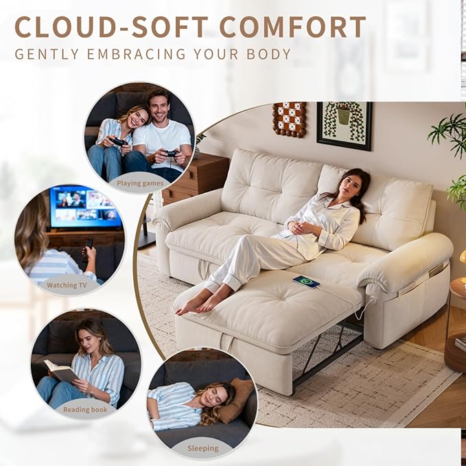 77.2'' Multifunctional Loveseat Sleeper Sofa Couch with Pull-Out Bed 3-in-1 Modern Velvet Convertible Sofa Bed with USB and Side Pockets Easy Assembly Living Room Apartment Beige