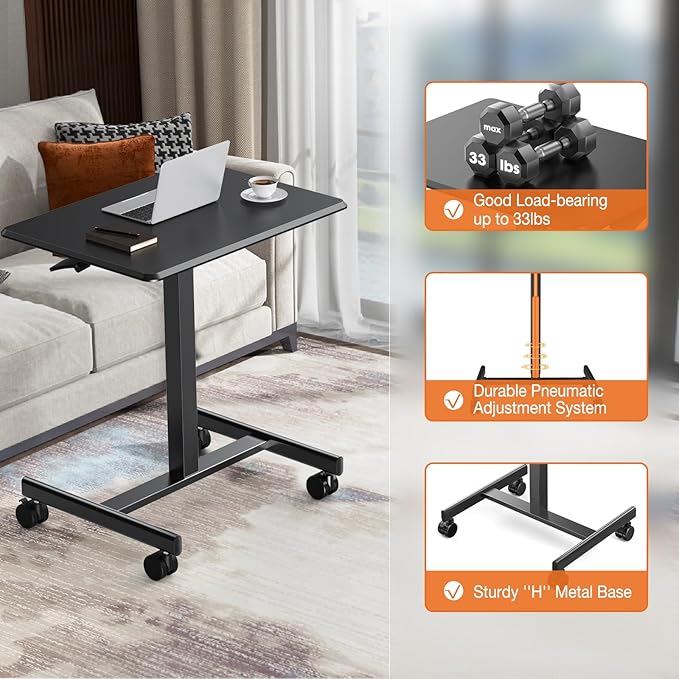 Sweetcrispy Small Mobile Rolling Standing Desk - Overbed Table Mobile Portable Rolling Laptop PC Table with Locking Wheels Adjustable Height Computer Workstation for Home Office 19 Inch Black