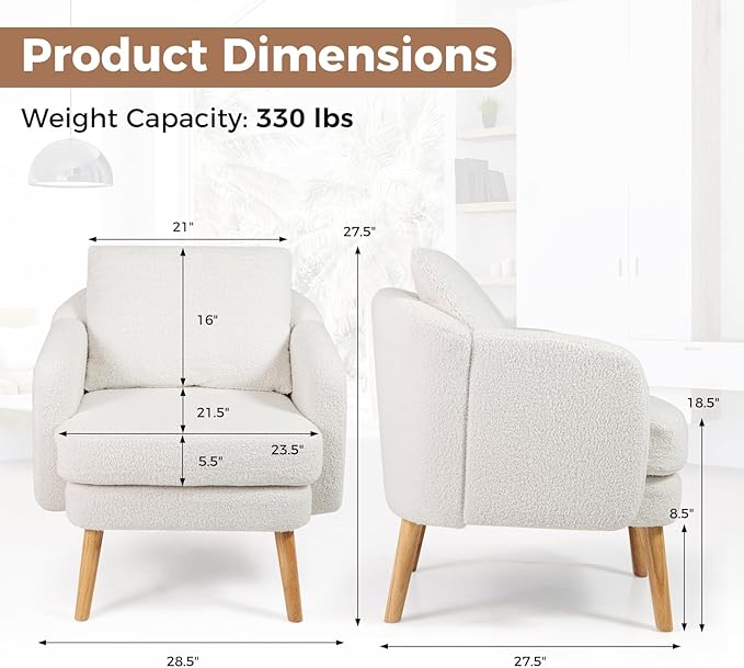 GOFLAME Sherpa Accent Chair Modern Single Sofa Armchair with Seat Cushion &amp Removable Pillow Upholstered Living Room Chair with Rubber Wood Legs Comfy Reading Chair for Bedroom Office White