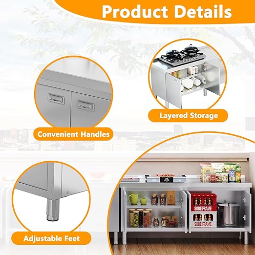 WWK 59 x 21 Stainless Steel Prep Table with Cabinet Commercial Kitchen Table for Prep &amp Work Heavy Duty Work Table with 4 Doors for Kitchen Restaurant Hotel Garage and Cafe